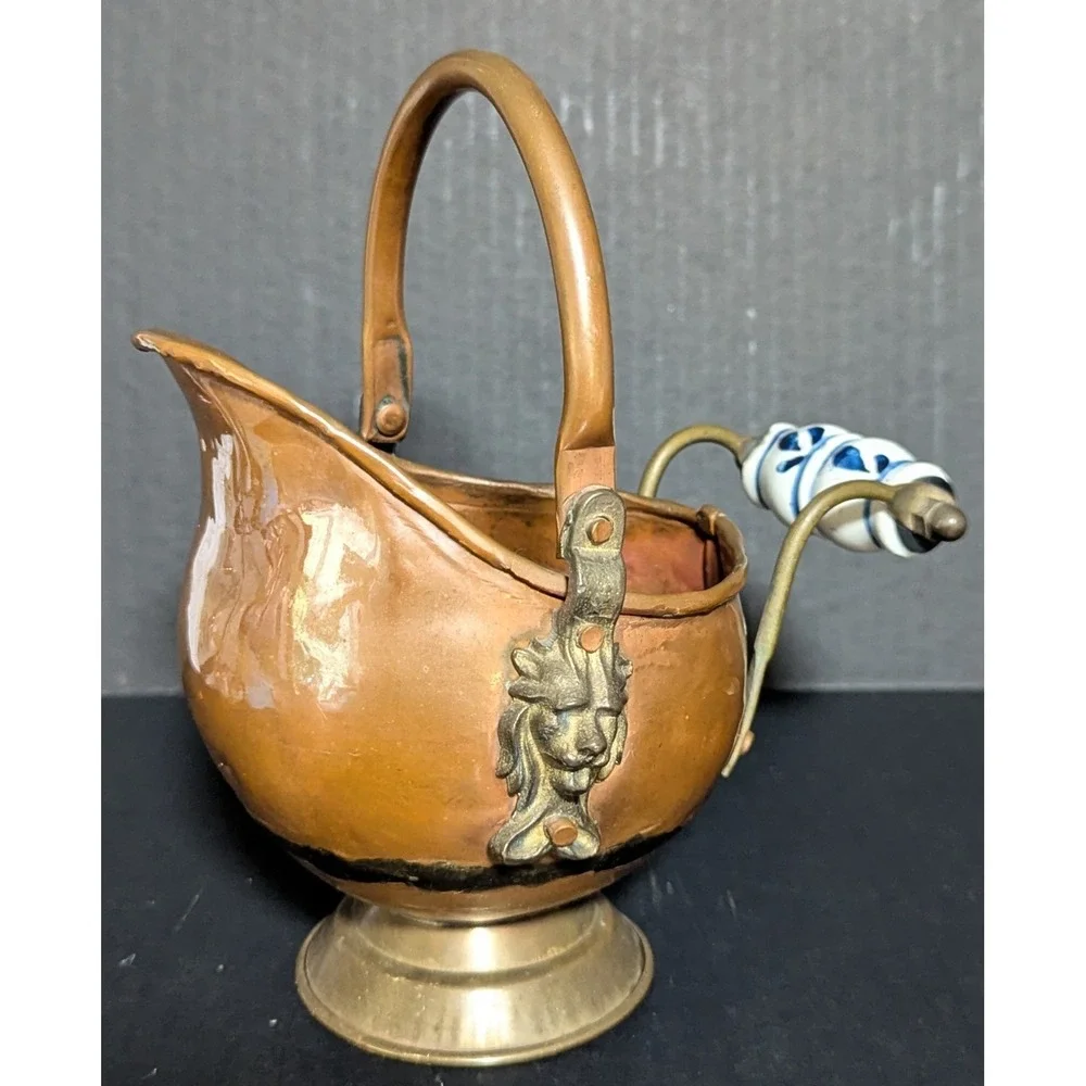 Vintage MCM Copper & Brass Coal Scuttle Lion Mounts Delft-Style Ceramic Handle